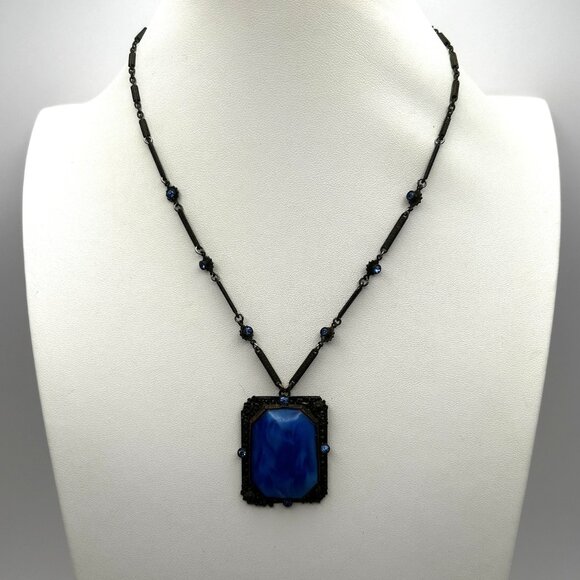 Vintage 1920s Czech Art Deco Blue Glass Necklace Filigree Bar Link Chain 18” - Picture 3 of 16